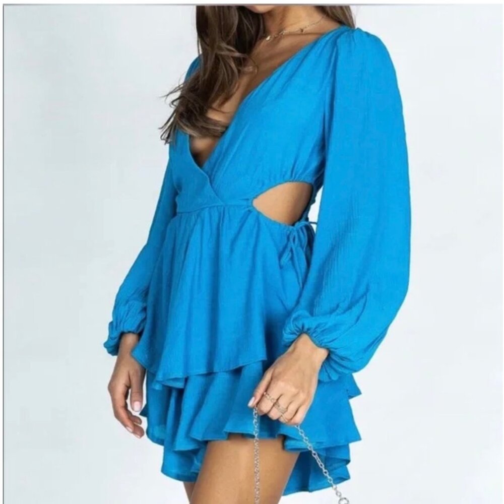 Princess Polly Blue Long Sleeve Romper W/ Cut-Out Sides & Ruffled Hem Womens Siz